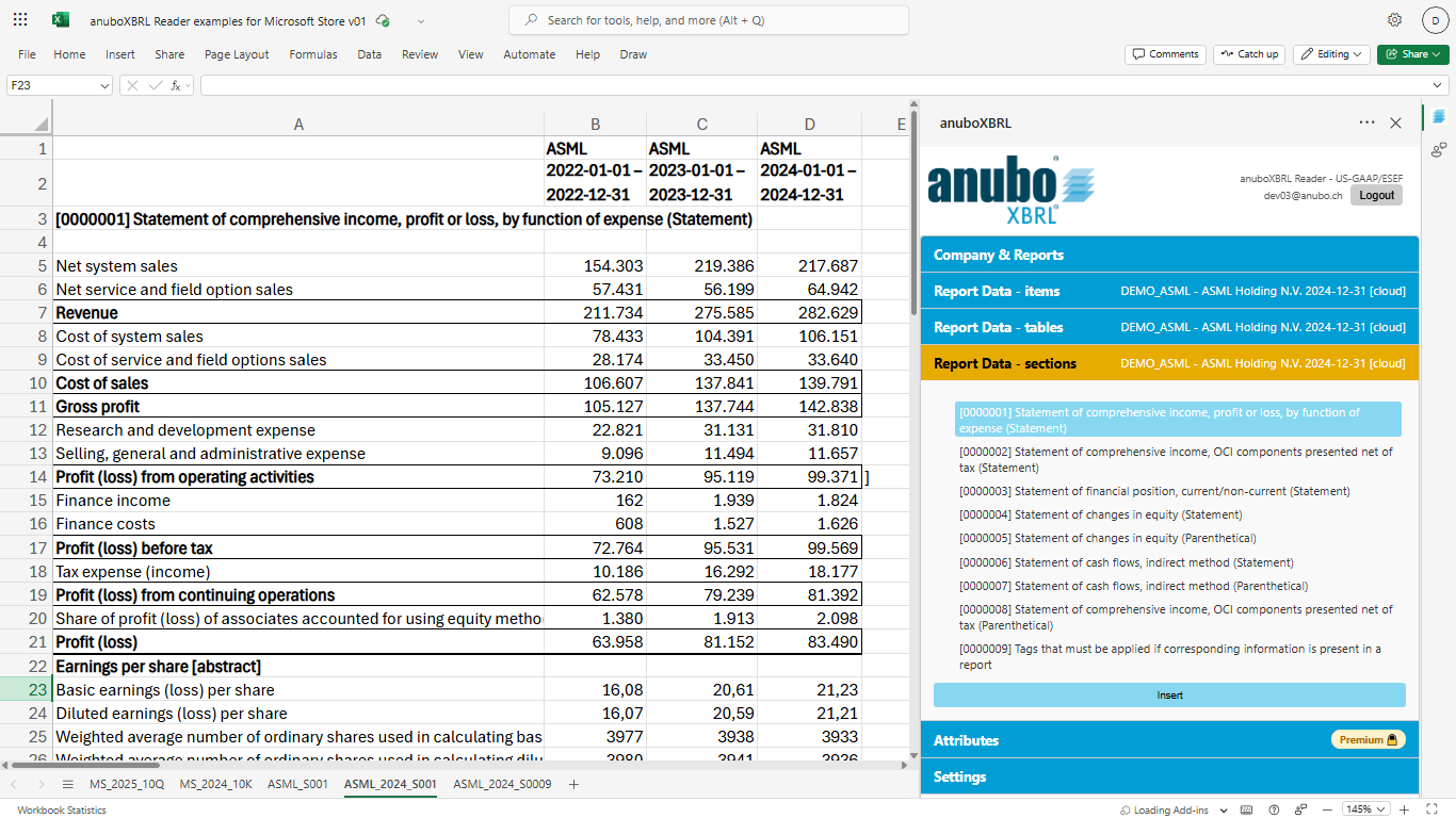 anuboXBRL Reader in Microsoft Excel